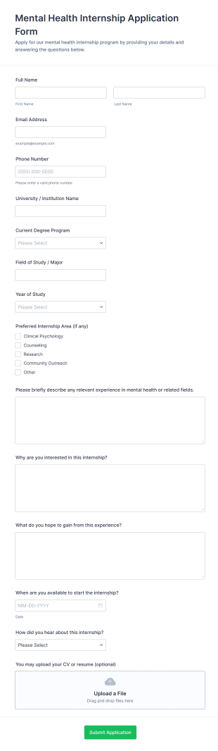 Mental Health Internship Application Form Form Template