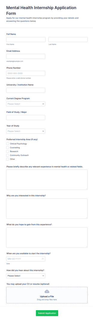 Mental Health Internship Application Form Template