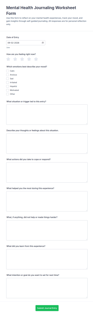 Mental Health Journaling Worksheet Form Template