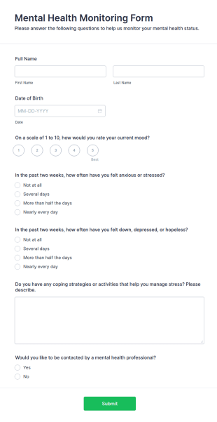 Mental Health Monitoring Form Template