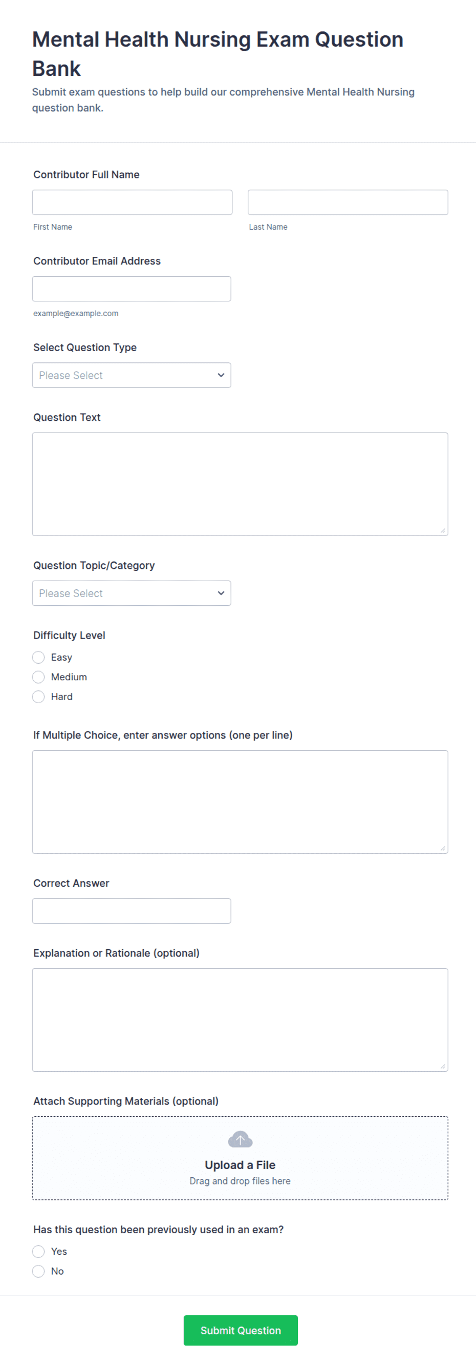 Mental Health Nursing Exam Question Bank Form Template | Jotform