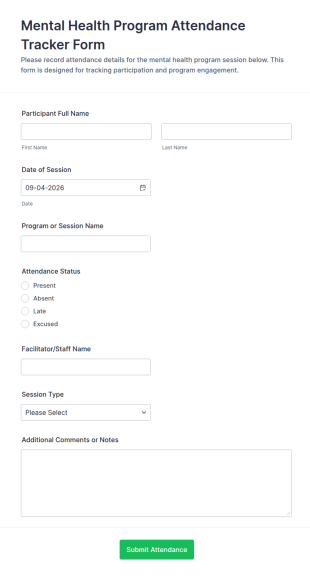 Mental Health Program Attendance Tracker Form Template