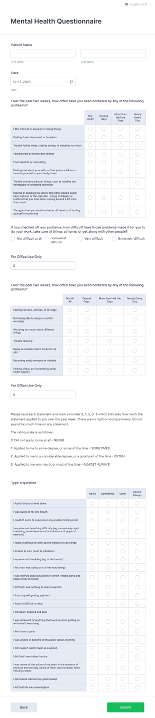 Mental Health Questionnaire Form Template