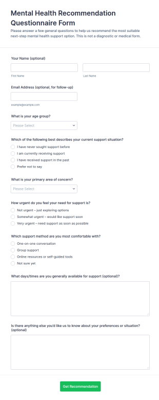 Mental Health Recommendation Questionnaire Form Template