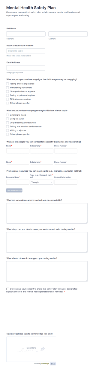 Mental Health Safety Plan Form Template