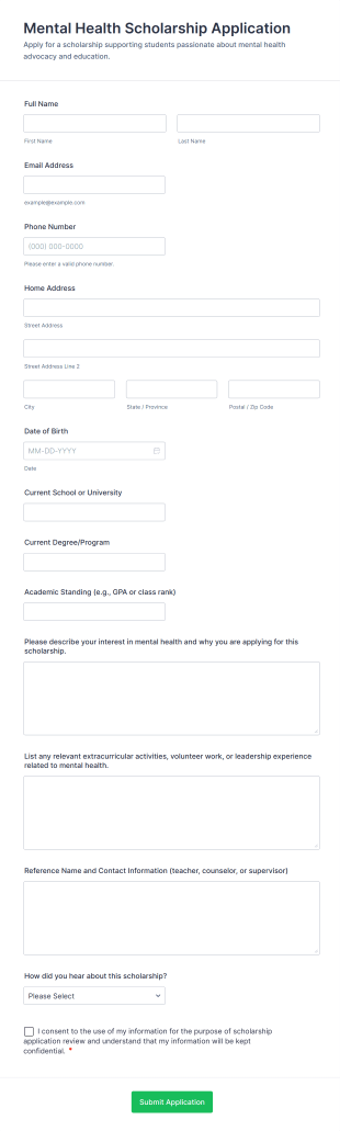 Mental Health Scholarship Application Form Template