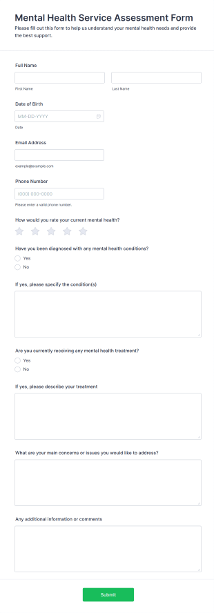 Mental Health Service Assessment Form Template