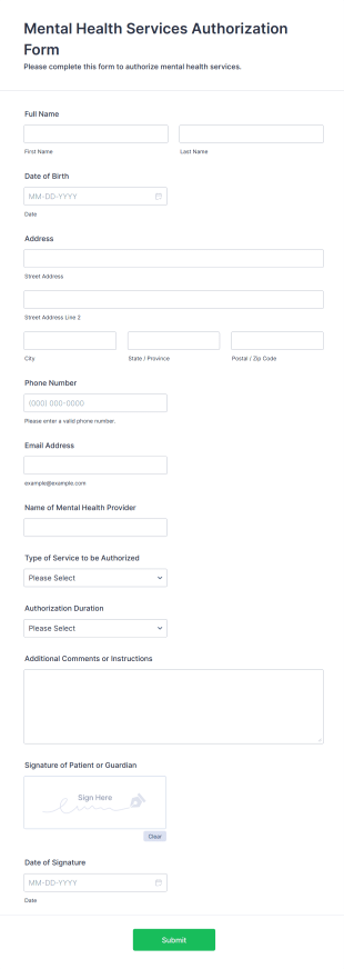 Mental Health Services Authorization Form Template