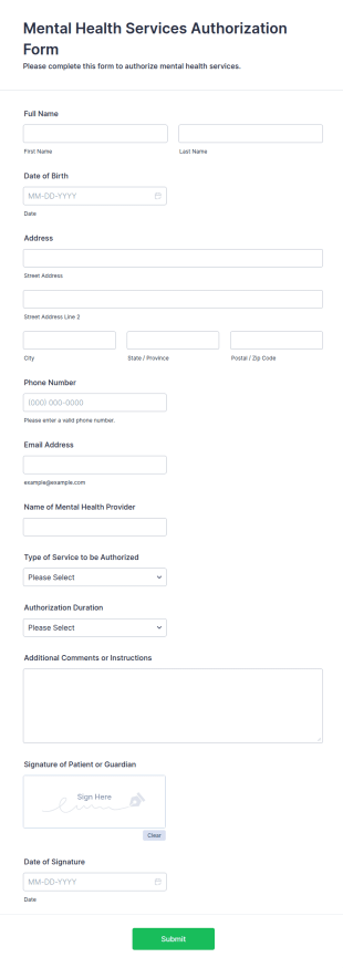 Mental Health Services Authorization Form Template