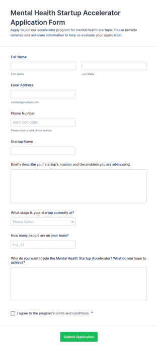 Mental Health Startup Accelerator Application Form Template