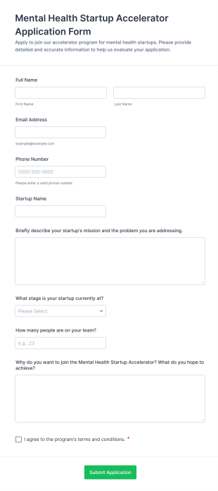 Mental Health Startup Accelerator Application Form Form Template