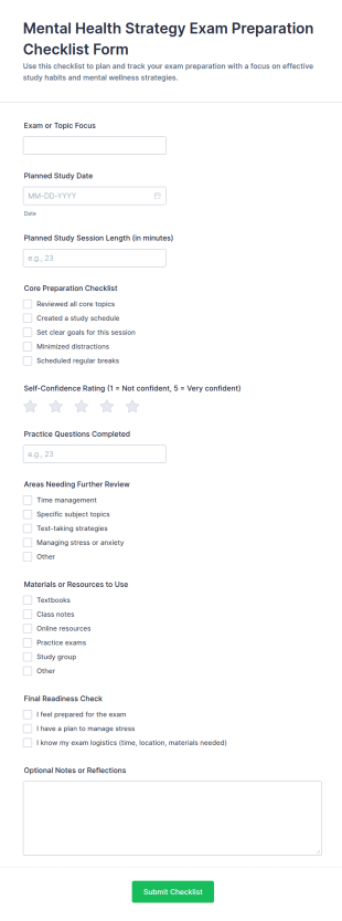 Mental Health Strategy Exam Preparation Checklist Form Template