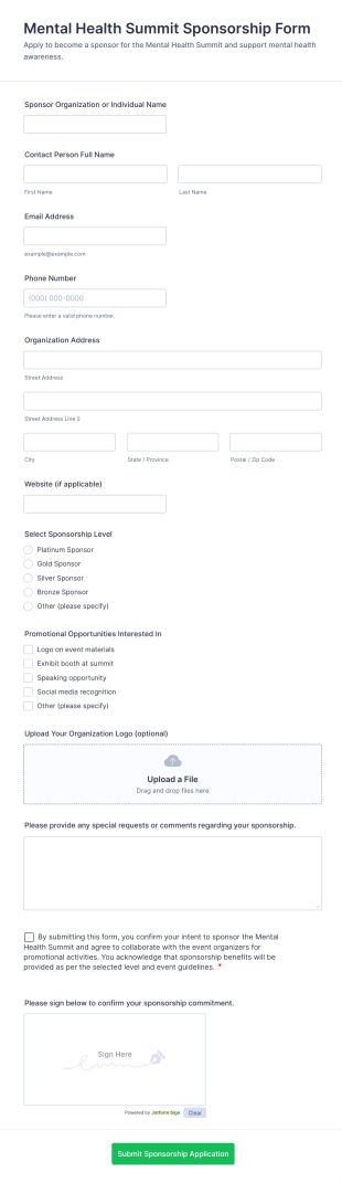Mental Health Summit Sponsorship Form Form Template