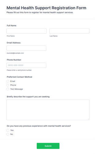 Mental Health Support Registration Form Form Template