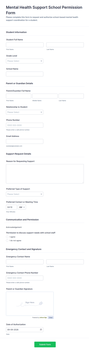 Mental Health Support School Permission Form Template