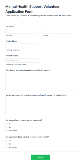 Mental Health Support Volunteer Application Form Template