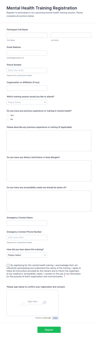 Mental Health Training Registration Form Template