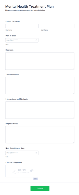 Mental Health Treatment Plan Form Template