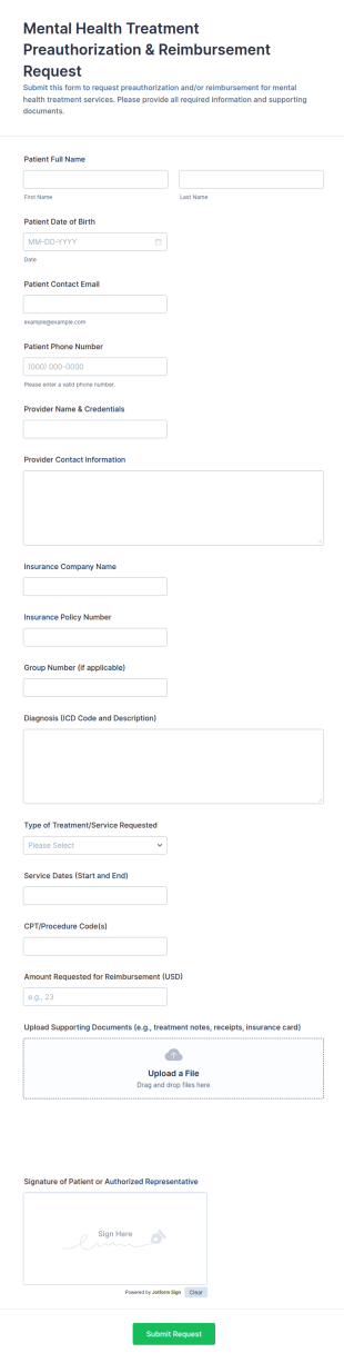 Mental Health Treatment Preauthorization & Reimbursement Request Form Template
