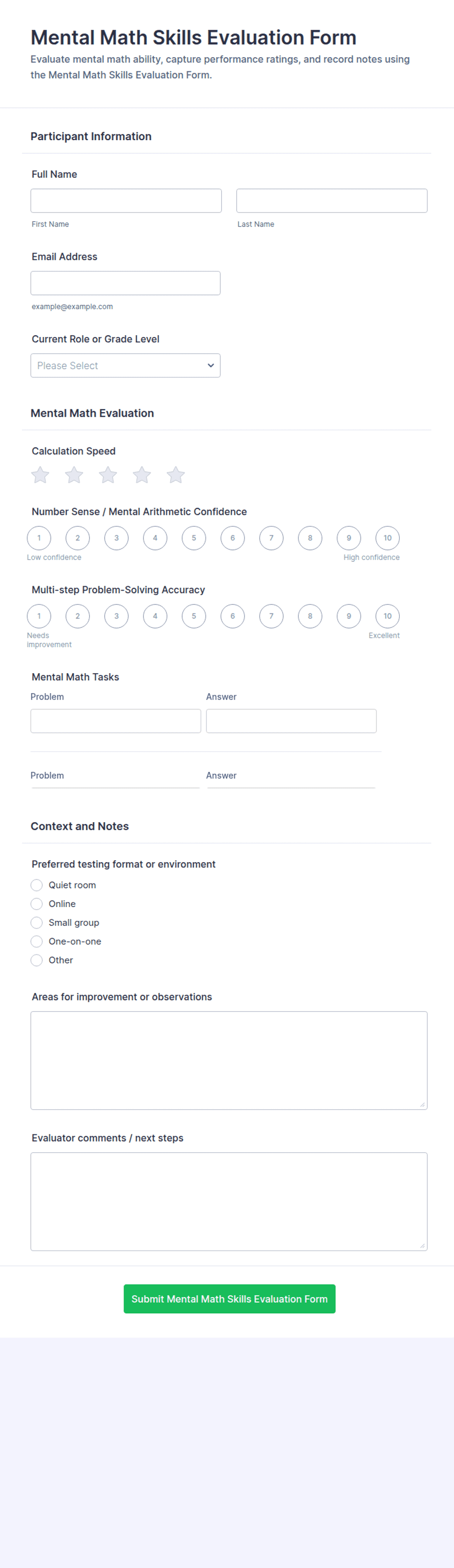 Mental Math Skills Evaluation Form Template | Jotform