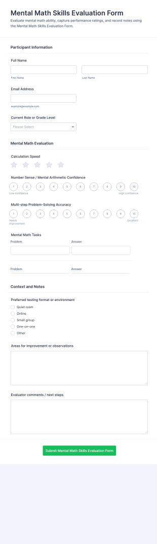 Mental Math Skills Evaluation Form Template