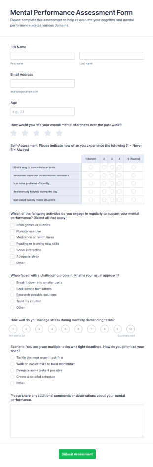 Mental Performance Assessment Form Template