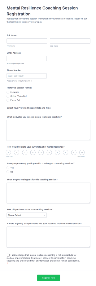 Mental Resilience Coaching Session Registration Form Template