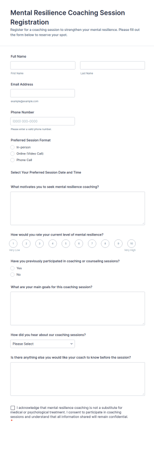Mental Resilience Coaching Session Registration Form Template