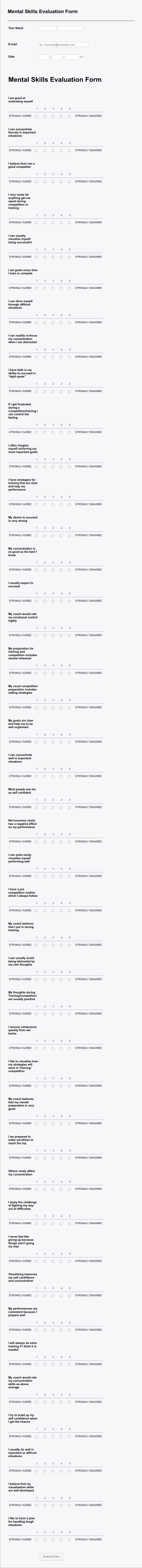 Mental Skills Evaluation Form Template