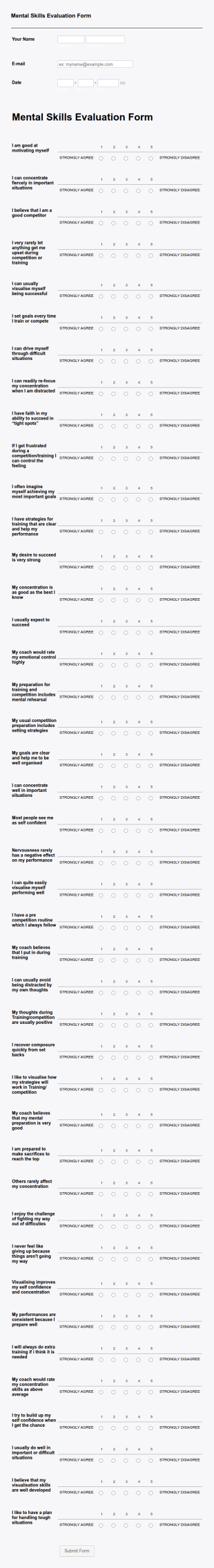 Mental Skills Evaluation Form Template
