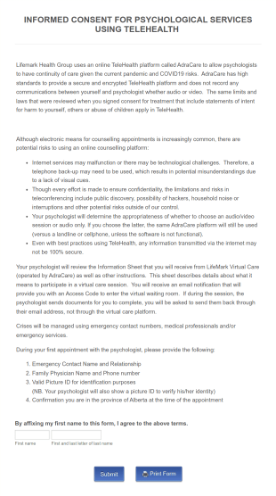 Lifemark Informed Consent Telehealth Treatment Form Template
