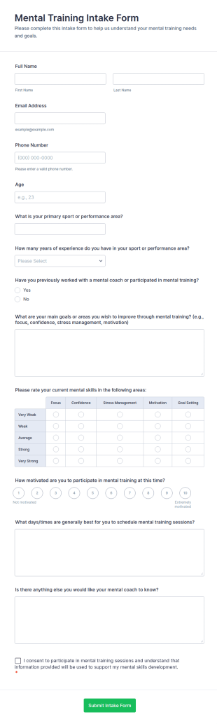 Mental Training Intake Form Template