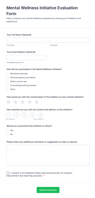 Mental Wellness Initiative Evaluation Form Template