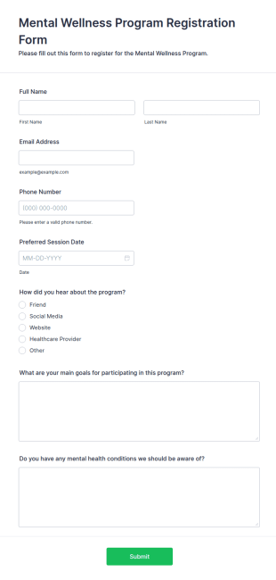 Mental Wellness Program Registration Form Template
