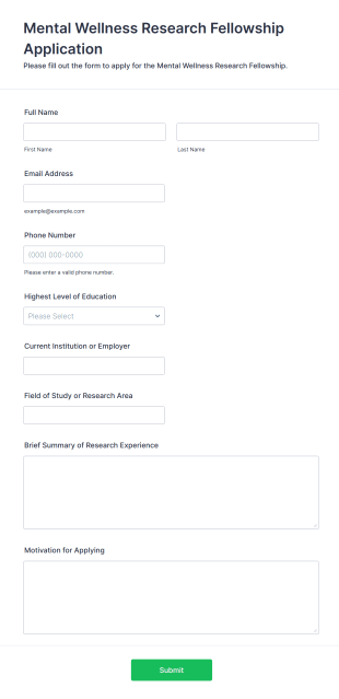 Mental Wellness Research Fellowship Application Form Template