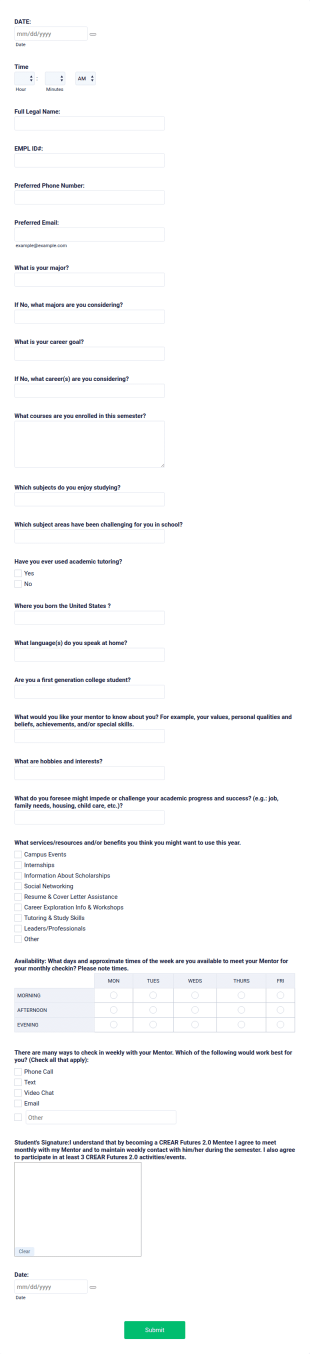 Mentee Intake Form Template