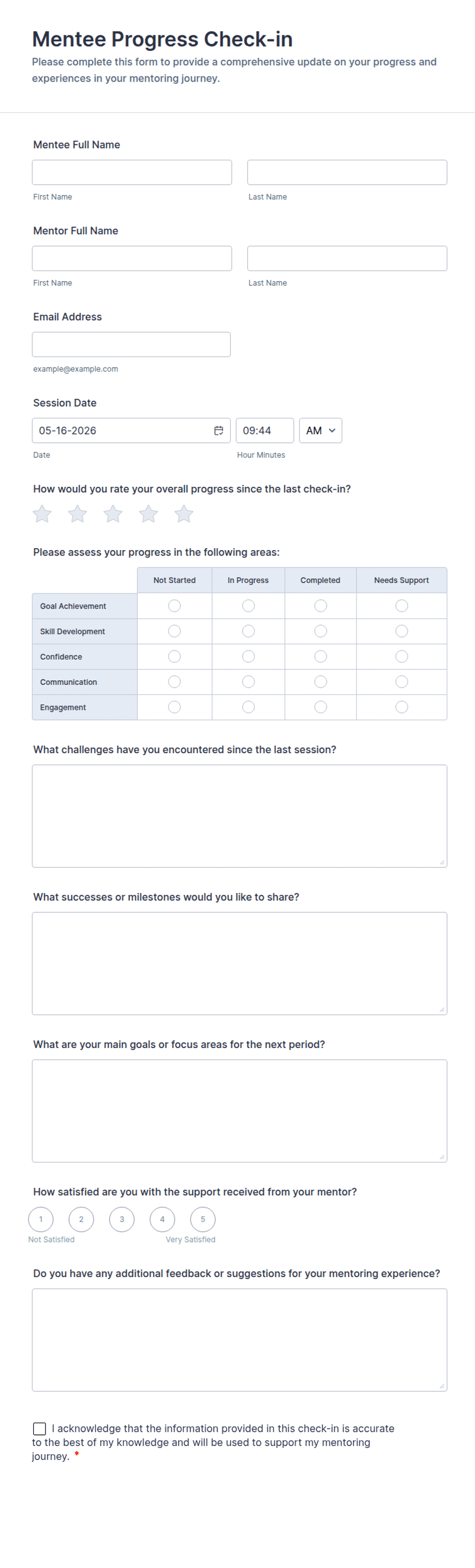 Mentee Progress Check-in Form Template | Jotform