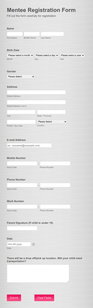 Mentee Registration Form Template