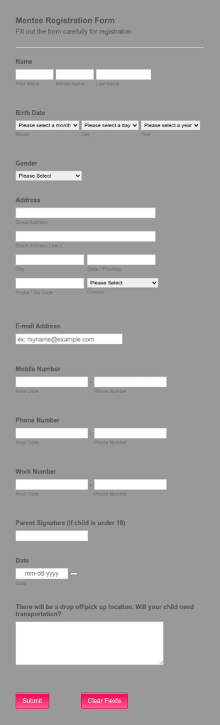 Mentee Registration Form Template
