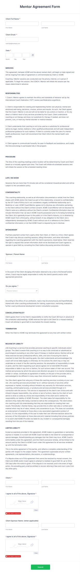 Mentor Agreement Form Template