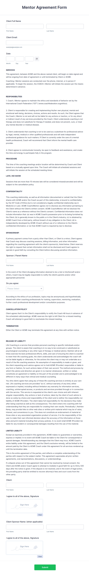 Mentor Agreement Form Template