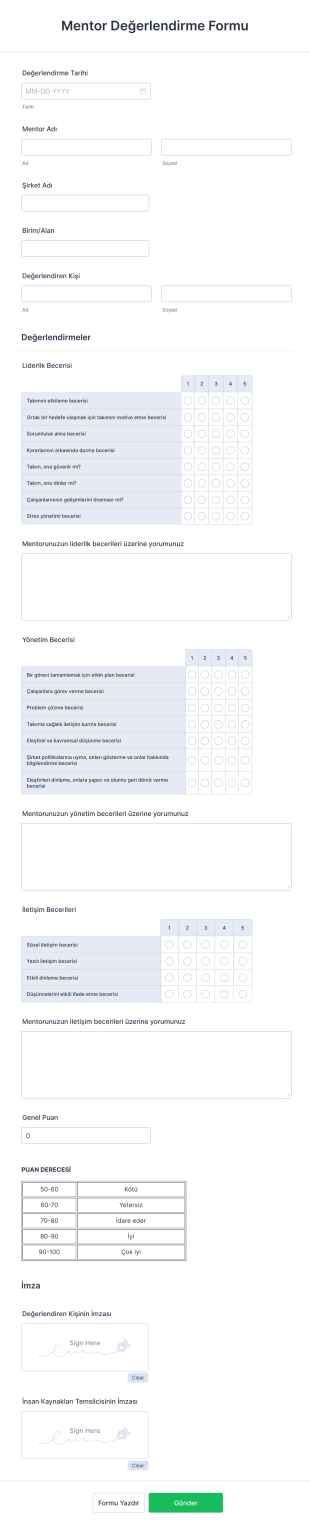 Mentor Değerlendirme Form Şablonu