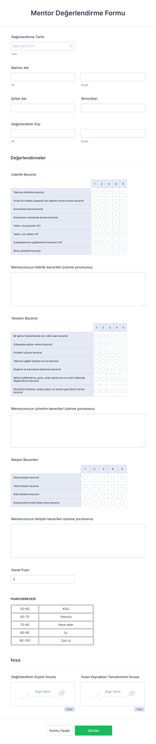 Mentor Değerlendirme Form Template
