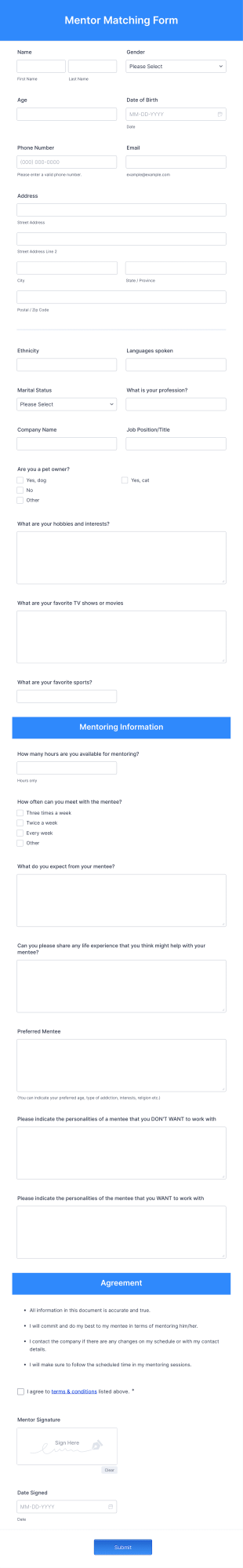 Mentor Matching Form Template