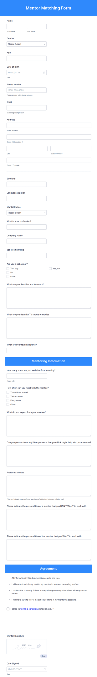 Mentor Matching Form Template