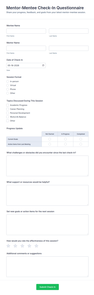 Mentor Mentee Check In Questionnaire Form Template