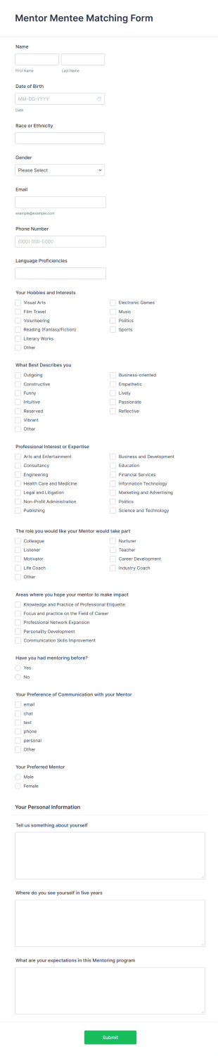 Mentor Mentee Matching Form Template