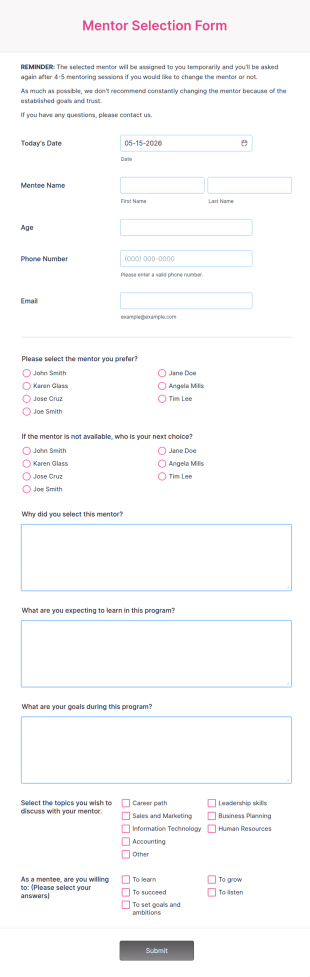 Mentor Selection Form Template
