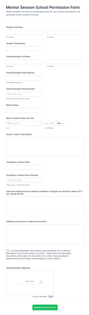 Mentor Session School Permission Form Template