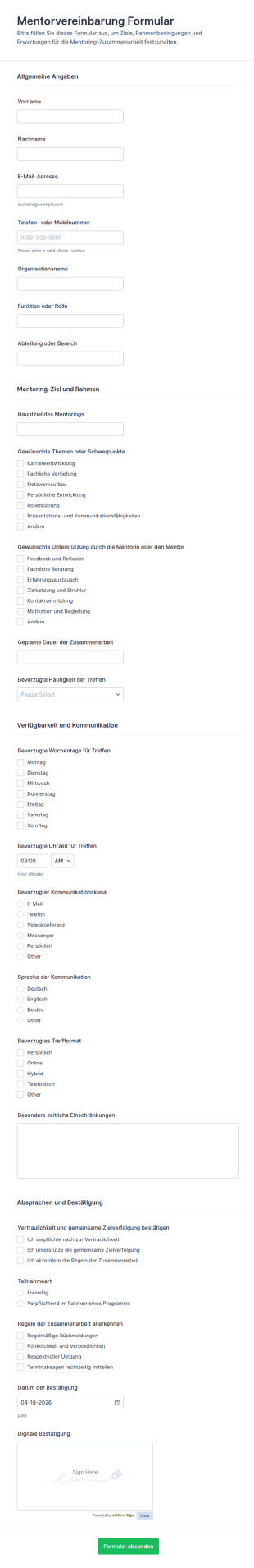 Mentorenvereinbarungsformular